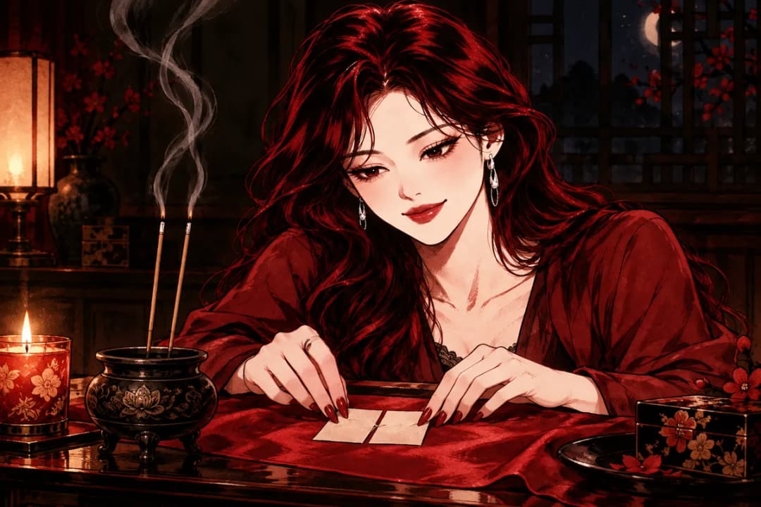향 두 대 옆에서 종이 두 장을 나란히 맞붙이며 웃는 안나