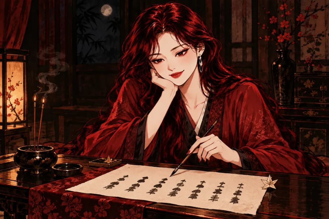 향 두 대 옆에서 종이 속 날 기둥 아래 글자를 붓끝으로 짚는 안나