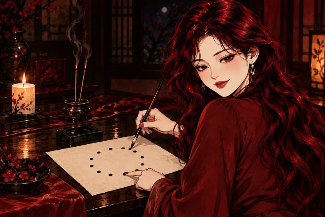 향 두 대 옆에서 종이에 열두 점의 원을 그리고 맞은편 옆 칸을 짚는 안나